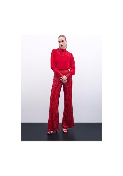 Sateen Payetli Salaş Pantolon - Kırmızı