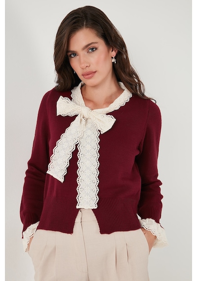 Lela Premium Dantelli Bağlamalı Yaka Regular Fit Düğmeli Triko Bayan Hırka 680Hi00251 Bordo