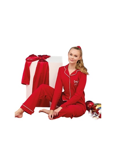 Over Sleep By Poleren Over Sleep 3254 Kadın Önü Düğmeli Yı Pijama Takımı Kırmızı