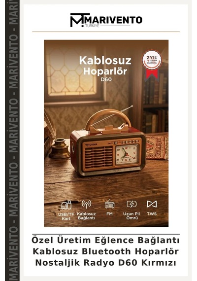 Özel Üretim Eğlence Bağlantı Kablosuz Bluetooth Hoparlör Nostaljik Radyo D60 Kırmızı