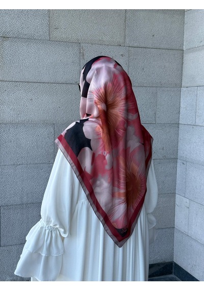 Qalortex Scarf Pamuklu Flora Desen Eşarp-bordo/siyah Bordo-siyah