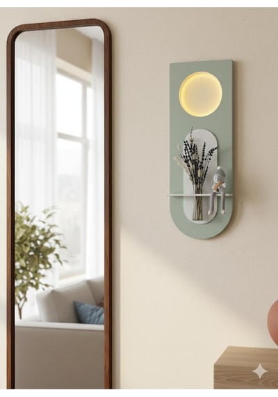Mimoza Dekoratif Duvar Rafı Led Işıklı Ahşap İskandinav Tarzı Modern Salon Duvar Rafı Çiçeklik 30x80 Cm Yeşil - Paris Grisi