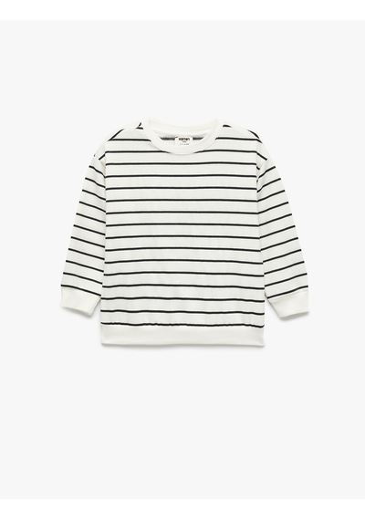 Koton Pamuklu Şardonlu Uzun Kollu Bisiklet Yaka Çizgili Sweatshirt Ekru Çizgili 7wmb10021tk