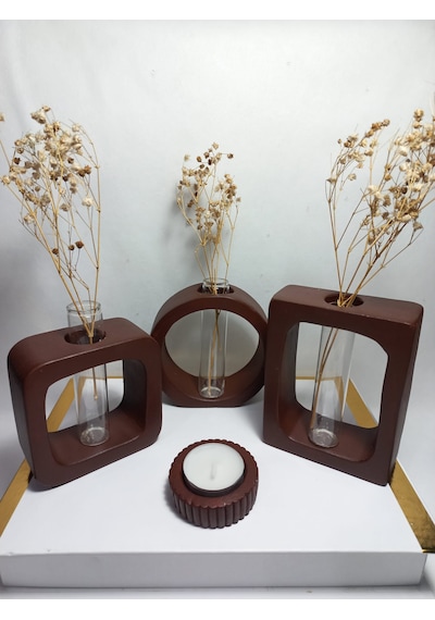 Modern Sanat Esintili, Dikdörtgen-kare-yuvarlak Formlu, Cam Tüplü Dekoratif 3'lü Vazo Set Kahverengi