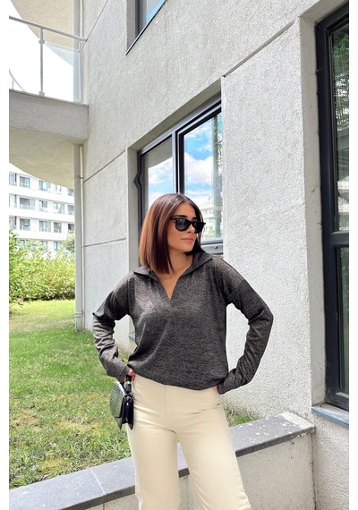 WeShaya Kadın Antrasit Polo Yaka Basic Bluz, Uzun Kol, Regular Kesim, Günlük Ve Spor Sweatshirt Antrasit