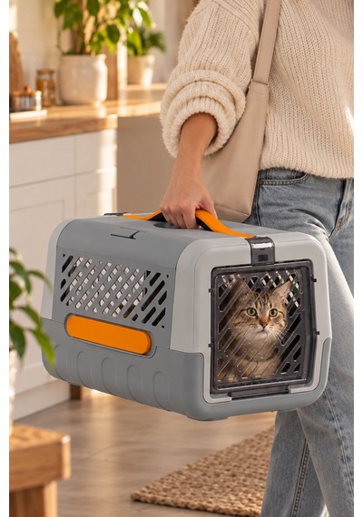Porsima 0001 Kedi Taşıma Çantası Ve Kafesi - Emniyet Kemer Yuvalı, Havalandırmalı Kedi & Küçük Irk Köpek Taşıma Kutusu Gri / Turuncu