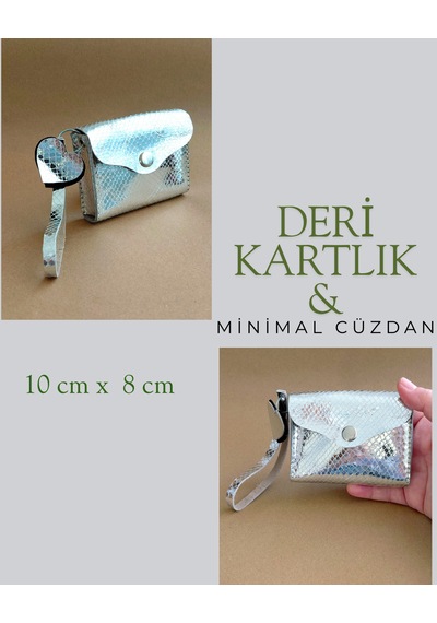 Hakiki Deri Minimal Avuçiçi Simli Gümüş Tasarım Kadın Cüzdan Kartlık Drc-25 Gümüş