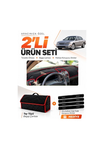Infınıtı İ30-i35 1998-2000 Uyumlu Torpido Örtüsü + Tay Tüyü Çanta + Sticker - Siyah Kırmızı