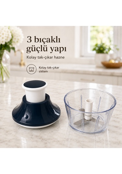 700 Ml Basmalı Manuel Rondo 3 Bıçaklı Sebze Doğrayıcı Soğan Sarımsak Doğrayıcı Pratik Mutfak Hazırlık Robotu Sariva Home Siyah