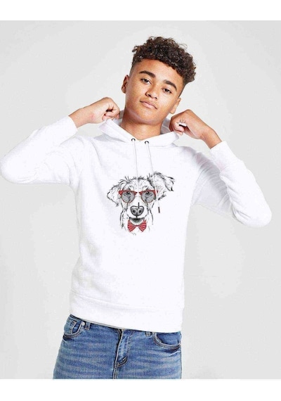Tshirthane Papyonlu Köpek Baskılı Unisex Çocuk Kapüşonlu Beyaz Sweatshirt (528585428) Beyaz