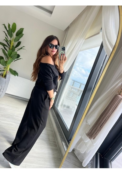 Efnaz Style Kadın Uzun Kollu Tek Omuzdan Açık Modal Bluz Ve Pantolon Ikili Takım Siyah