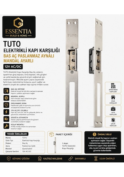 Tuto Elektrikli Kapı Karşılığı Bas Aç Paslanmaz Aynalı Mandal Ayarlı 12v Ac/dc Çoklu Renk