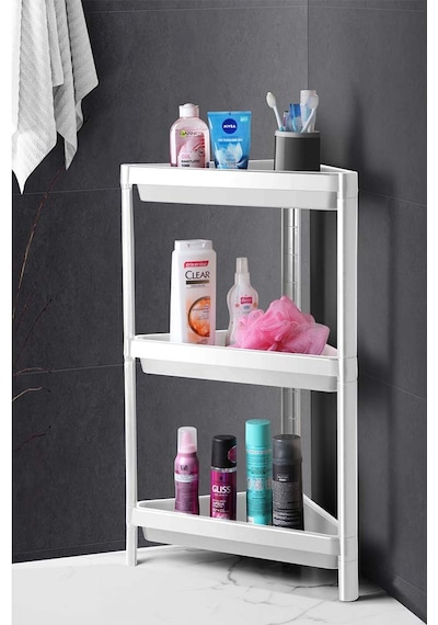3 Katlı Üçgen Köşe Rafı - Banyo, Mutfak, Balkon, Kiler Düzenleyici Raf - Beyaz Beyaz