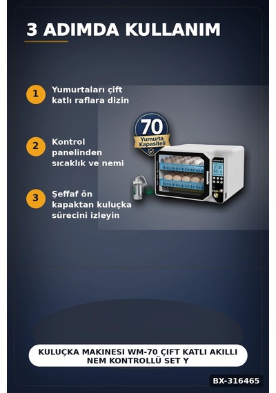 Kuluçka Makinesi Wm-70 Çift Katlı Akıllı Nem Kontrollü Set Yedek Motor Ve Suluk Dahil Bx-316465