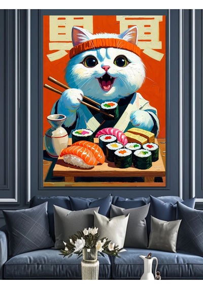 Ahşap Tablo Sushi Yiyen Sevimli Kedi