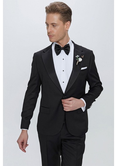 Efor Black 062 Slim Fit Çıkarılabilir Saten Yaka Siyah Damatlık Smokin Takım Siyah