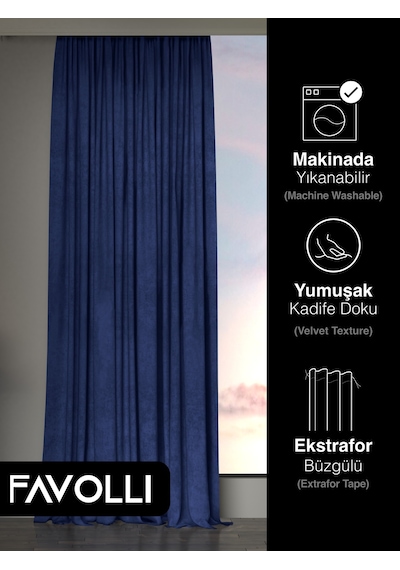 Br Favolli Kadife Dokulu Safir Rengi Ada Fon Perde Ekstrafor Büzgülü Dream Series Safir