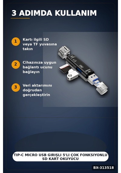 Tip-c Micro Usb Girişli 5'li Çok Fonksiyonlu Sd Kart Okuyucu Otg Dönüştürücü Bx-313518 Çok Renkli