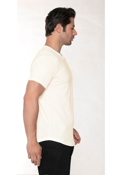 Black Horn Erkek Geniş Yaka %100 Pamuk Salaş T-shirt Ekru