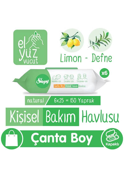 Sleepy Natural Kişisel Bakım Havlusu Çanta Boy 6x25 150 Yaprak 6 Paket