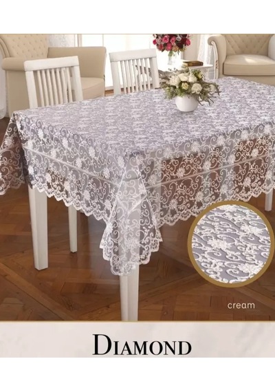 Daimond Model Dertsiz İşlemeli Krem 160x260cm Dantelli Masa Örtüsü Yemek Masası Örtüsü