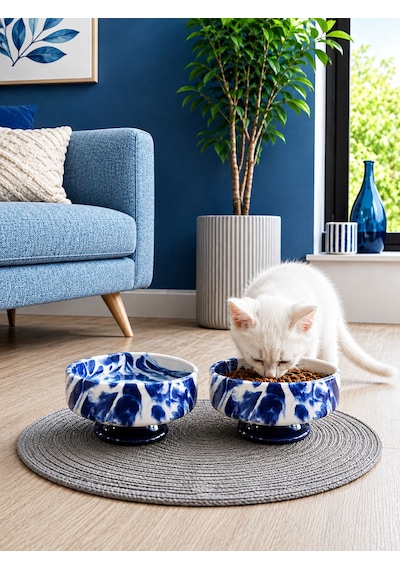 Mama Kabı Kedi Ve Köpek Ayaklı 2 Li Seramik Doğal Mama Ve Su Kabı Lacivert Marble
