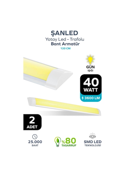 120 Cm 40 Watt Yatay Led Bant Armatür-trafolu Gün Işığı-2 Adettir Gün Işığı