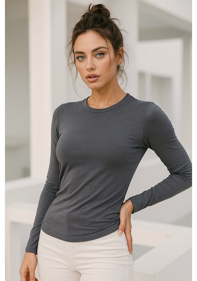 Kadın Füme Bisiklet Yaka Uzun Kollu Body Füme