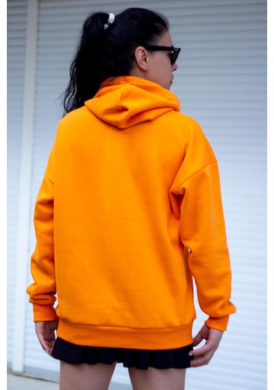 Azıcık Akıllı Kadın Turuncu Basic 3 Üç İplik Ekstra Kalın Kapüşonlu Kanguru Cep Uzun Kollu Sweatshirt 23kswtucpl 001
