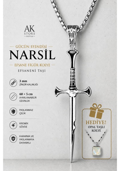 Erkek, Isildur Kırık Kılıcı Narsil Gücün Efendisi K-101 Paslanmaz Kromix Çelik Gümüş Kaplama Kolye Beyaz
