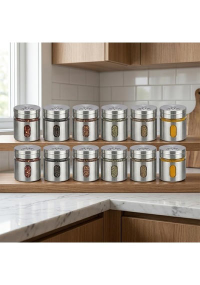 Deconox 12'li Metal Kaplı Cam Baharatlık Seti 60 Ml - Döner Başlıklı Paslanmaz Çelik Baharat Takımı Diğer