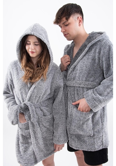 Zeynep Tekstil Plain Unisex Sabahlık Bornoz Wellsoft Peluş Kapüşonlu Sabahlık Gri