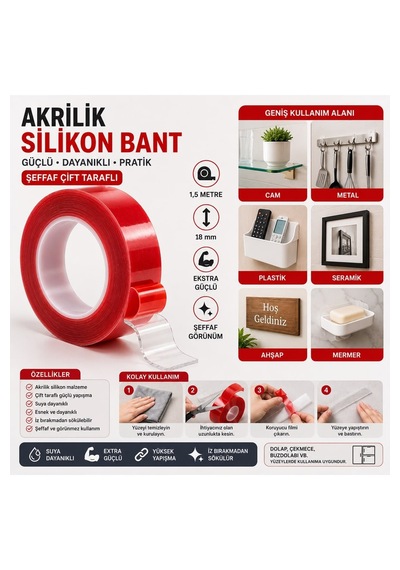 Şeffaf Çift Taraflı Akrilik Silikon Bant 1,5 Metre 18 Mm Ekstra Güçlü 1 Adet Diğer