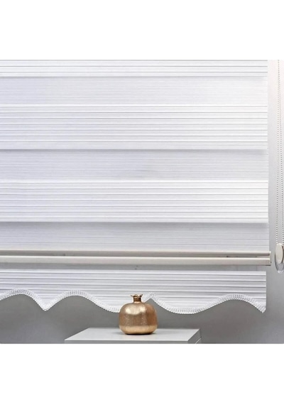 Ekru Beyaz Geniş Pliseli Zebra Stor Güneşlik Perde Eteği Dilimli Alüminmyumkasa Metal Ayak Beyaz