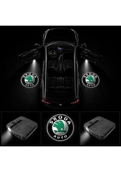 Skoda Kapı Altı Logo Projektör Led Işığı 2'li Set Pilli Kablosuz Kapı Karşılama Lambası