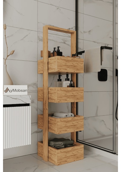 Multi Çok Amaçlı Banyo Rafı, Sepetli Çok Amaçlı Raf, 4 Raflı 120 Cm, Atlantik Çam Atlantik Çam