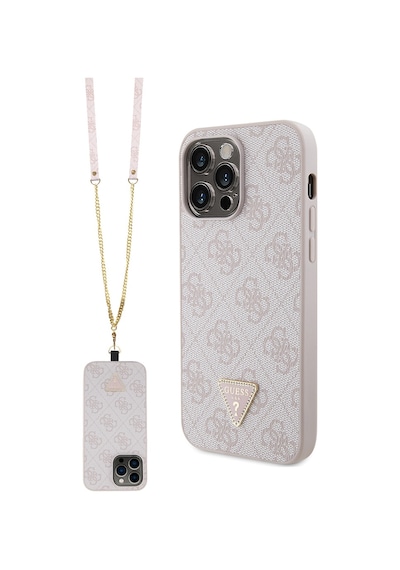 Apple Uyumlu iPhone 14 Pro Max Kılıf Guess Lisanslı Pu Deri Taşlı Metal Üçgen Logolu Çapraz Vücut Askılı Pembe