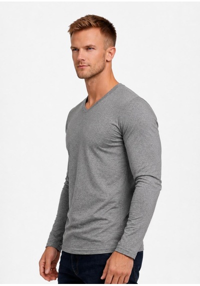 Axxel Erkek Gri Melanj Pamuklu Likralı Süprem Uzun Kollu T-shirt-d236