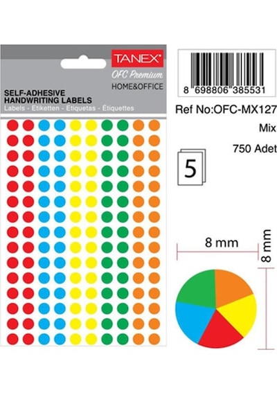 Tanex Mıx Color Ofis İşaretleme Nokta Etiketi 8mm 5-Renk (750 nokta Etiket)