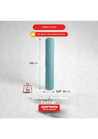 Xpermate Sarılma Yastığı Bacak Arası Yastığı Silindir 150cm Mavi