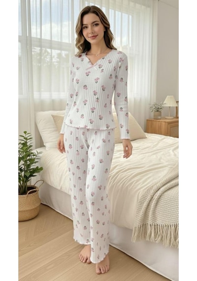 Bella Notte Ekru Minimal Lale Desenli Fiyonk Detaylı V Yaka Pijama Takımı