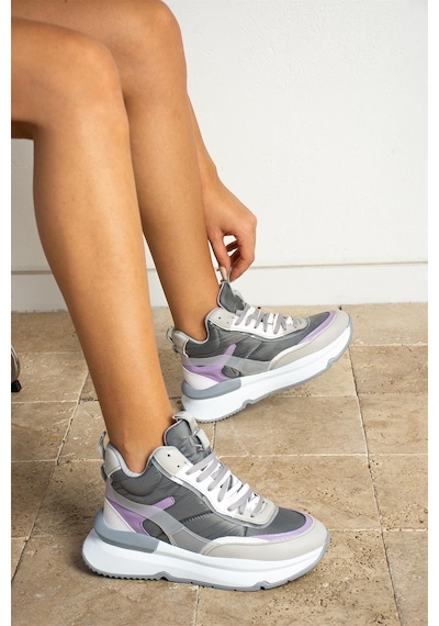 Shoetek Marion Kadın Sneakers Bağcıklı Spor Bot Gri&lila Deri Gri