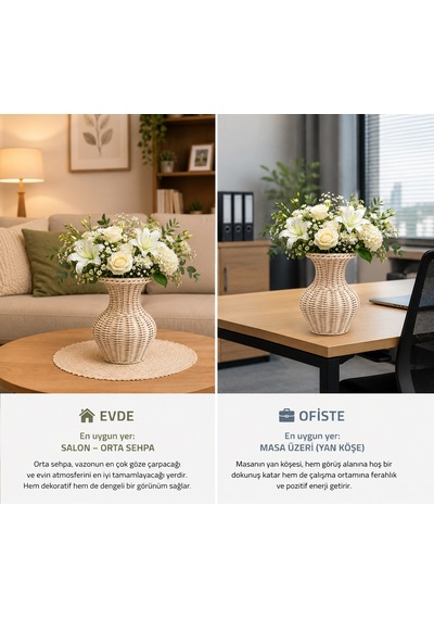Fabrikam06 Rattan Elyapımı Dekoratif Vazo ,elyapımı Sepet Vazo V0001 Açık Bej