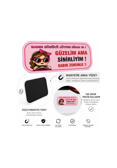 Mega Oto Market Kadın Şoför - Kadın Sürücü Magneti Tak Çıkar Manyetik Araba Bagaj Uyarı Levhası - Kadın Sürücü Lütfen Kibar Ol