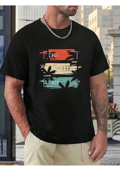 Cali For Nia T-shirt - Siyah Baskılı Oversize Bisiklet Yaka Kısa Kol Tişört Siyah