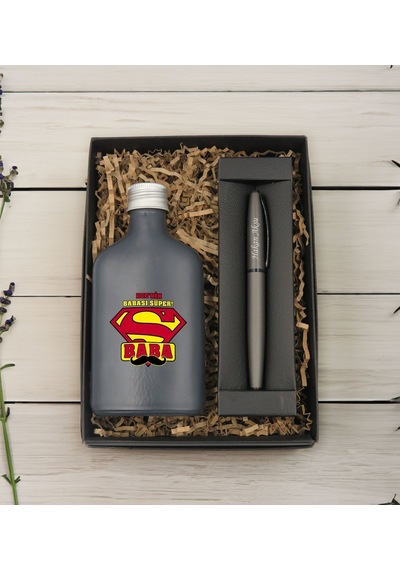 Bk Gift Kişiye Özel İsimli Baba Temalı Antrasit Tasarım Cam Şişede Kolonya 200 Ml Ve Metal Roller Kalem Hediye Seti-4, Babaya Hediye, Babalar Günü Hed