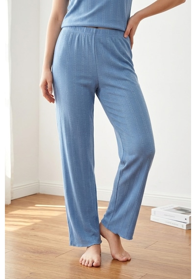 Aura Collections Kadın Bambu Viskon Transfer Ribana Kısa Kollu Düğmeli Pijama Takımı Mavi