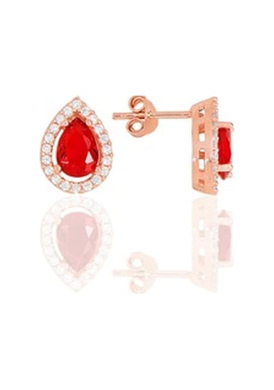 Gümüş Rose Kırmızı Taşlı Damla Modeli Üçlü Set