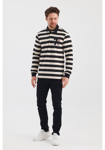 Alexander Gardi Alexandergardı Polo Yaka Nakış Aplikeli Çizgili Regular Fit Sweatshırt Wk25214 001