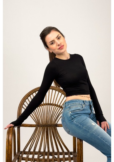 Kadın Bisiklet Yaka Parmak Detaylı Spor Body Basic Soft Touch Spor Crop Siyah